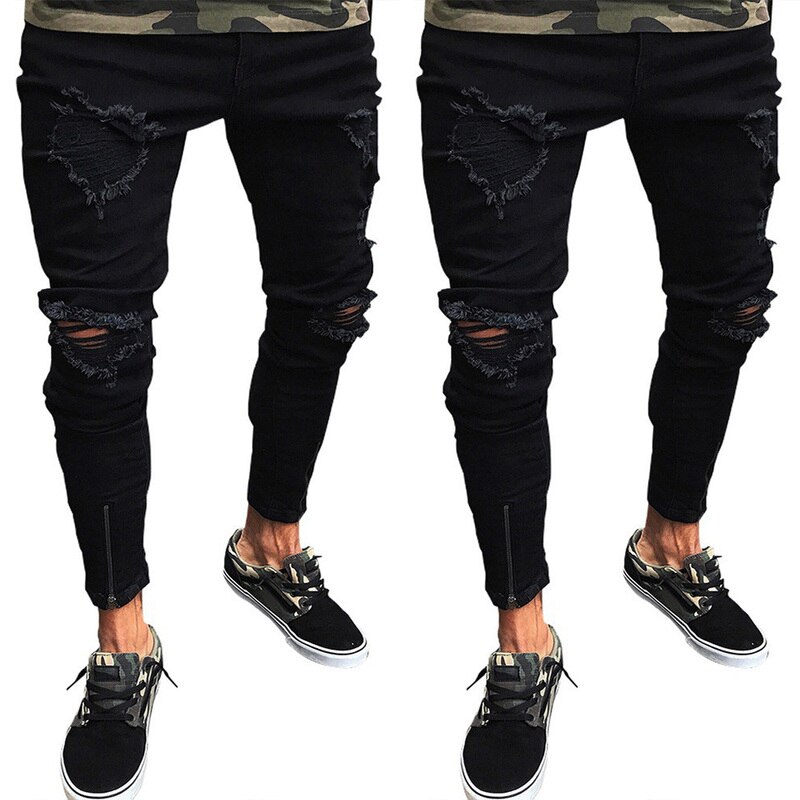 Zwarte Mannen Jeans Mode Mannen Kleding Stretch Jeans Verontruste Ripped Denim Broek Potlood Broek Voor Mannen