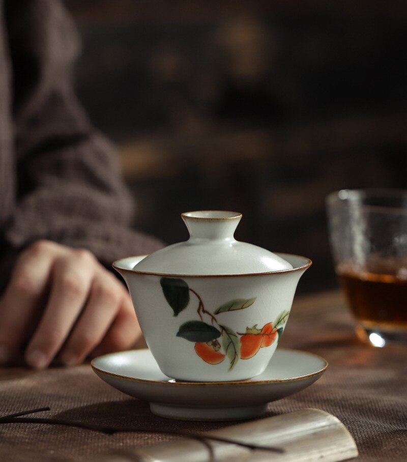 Pastoral keramik gaiwan fågelterrin kung fu teservis handgjord målning stor skål drinkware teskål