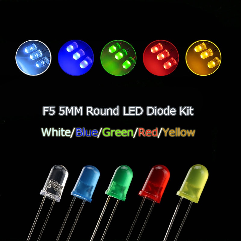 5 farver *20 stk = 100 stk  f5 5mm led diode lys diverse sæt rød grøn gul blå hvid blandet farve lys led diy kit
