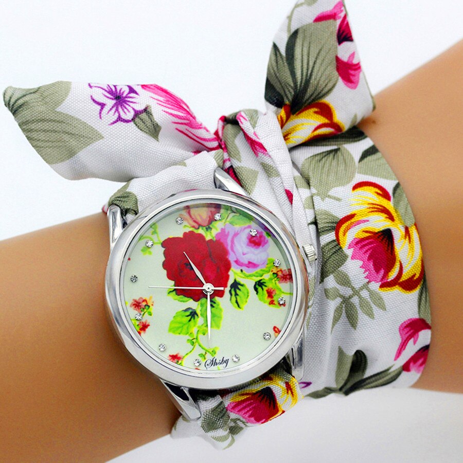 Shsby – montre-bracelet en tissu pour femmes, , motif floral, tendance, bonne , jolie montre pour filles: silver 03