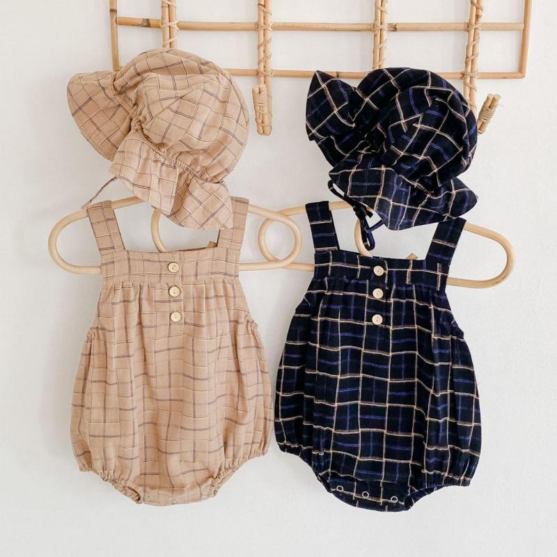 Baby Baby Meisjes Jongens Bodysuits Plaid Print Mouwloze Herfst Casual Peuter Jumpsuits Met Hoed Kids Overalls Outfits