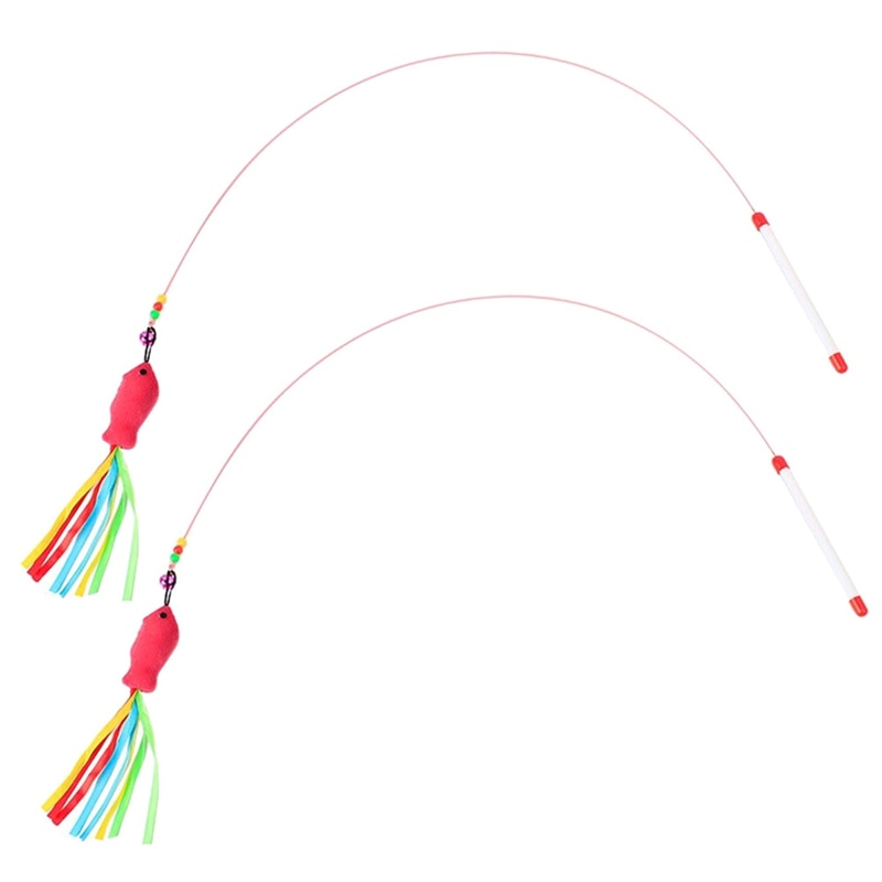 Pet Cat Teaser Toys Cat Catcher Teaser Stick Cat Interactive Toy With Steel Wire Small Fish With Bells