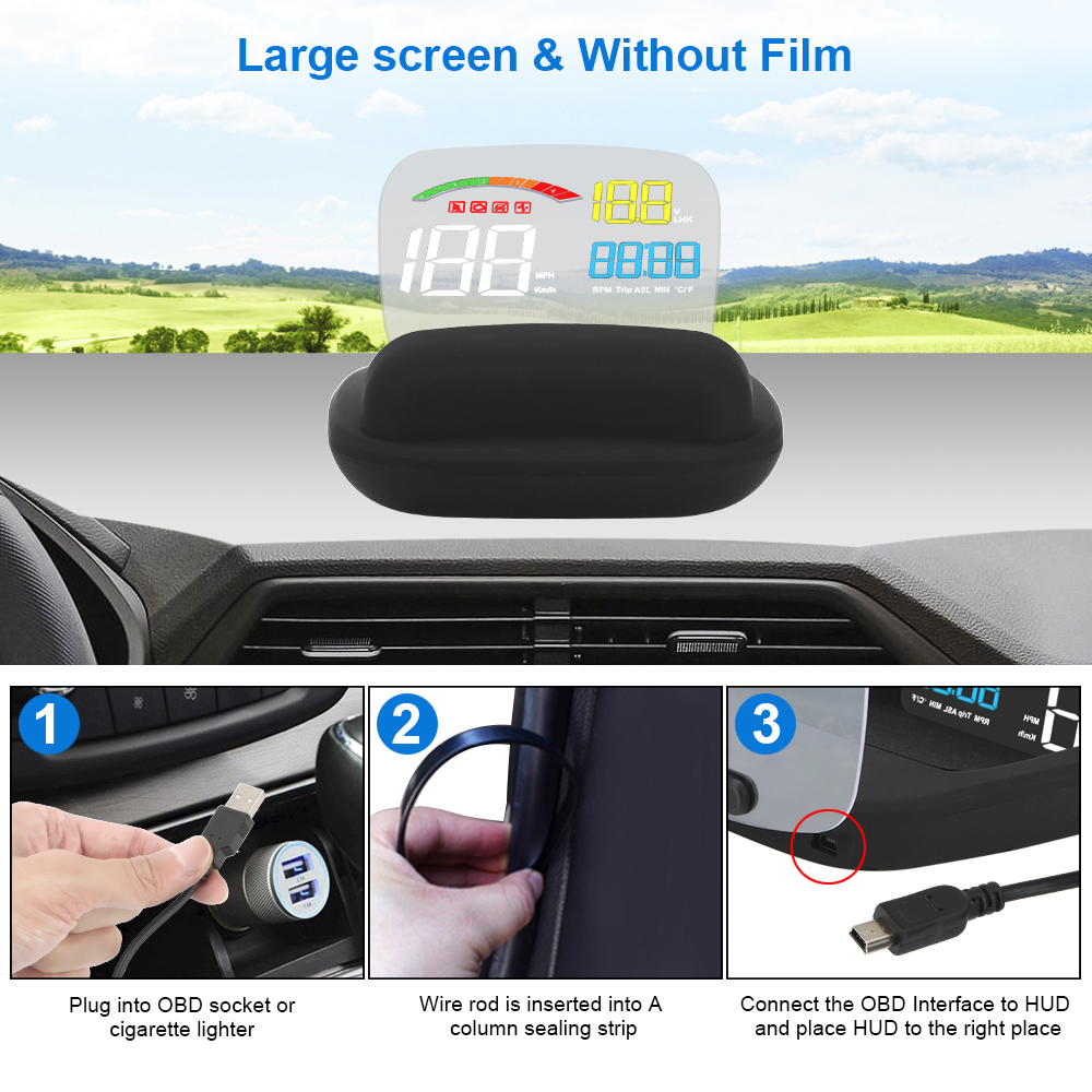 RPM napięcie C800 OBD2 + HUD lustro głowa w górę wyświetlacz temperatura wody automatyczny detektor nawigacja samochodowa GPS prędkościomierz projektor alarm bezpieczeństwa