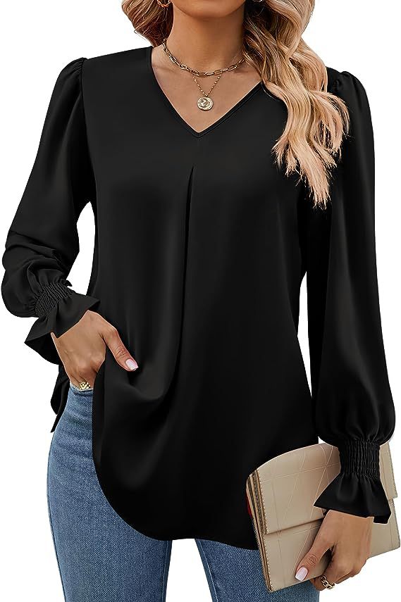 Solid Color Women's Shirt Autumn Item Solid Color Chiffon Shirt V-neck Pullover Trumpet Long Sleeved Top Blouse: L / black