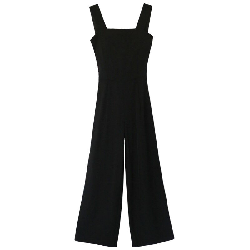 Vår sommar kvinnor svart jumpsuit hög midja öppen rygg baggy långa breda ben jumpsuits casual romper streetwear