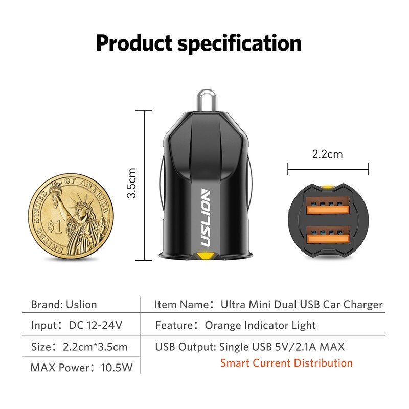 USLION Mini USB Car Charger Adapter 2.1A Car USB Charger Mobile Phone Dual USB Car-charger Auto Charge 2 port for iPhone Samsung