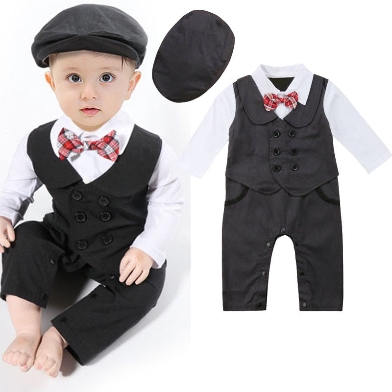 Kleinkind Baby Junge Formale Anzug Party Hochzeit Smoking Gentleman Zweireiher Strampler Overall + Hüte Outfit 0-24M