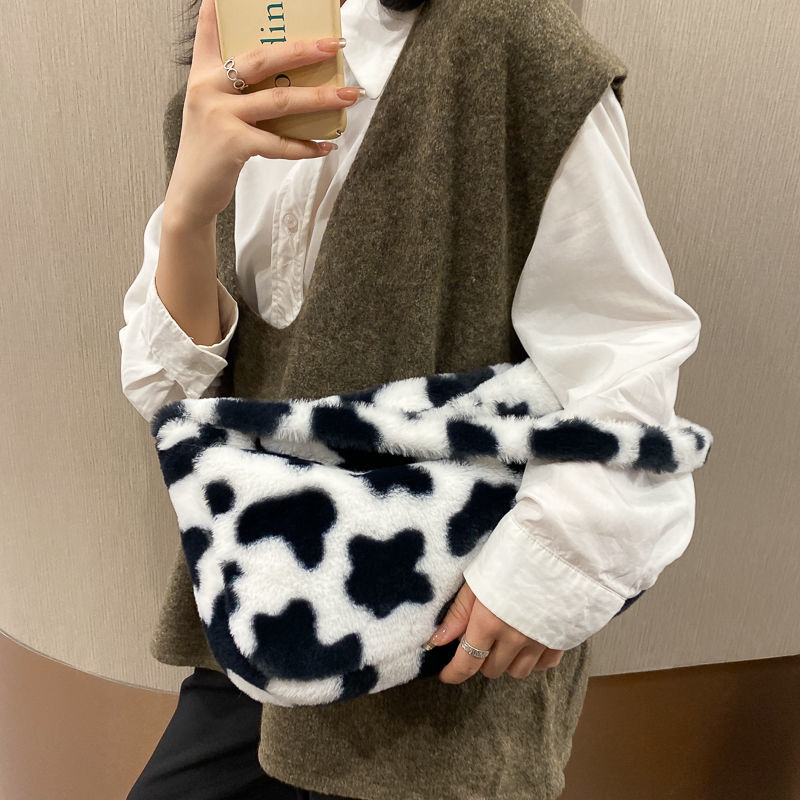 Koeienpatroon dames schoudertassen eenvoudige schattige pluche dames handtassen casual grote capaciteit dames oksel tassen handtas tote