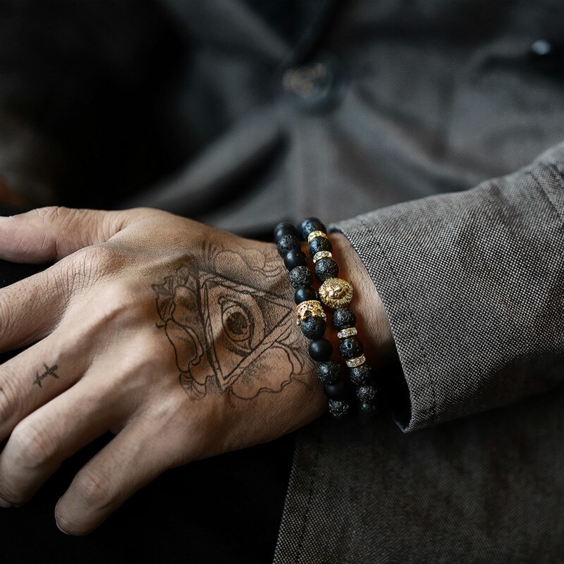 Conjunto de 2 unids/set de pulsera de corona de León para hombre, brazalete clásico de cuentas de piedra de Lava mate, pavé CZ, de joyería: 1