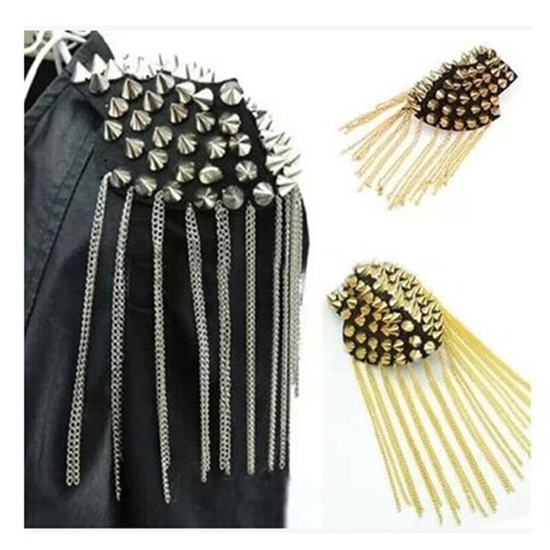 Gothic Punk Rivets Cool Brooch Board Mark Gold Metal Spike Tassel Epaulet Shoulder Unisex Women Men Costume Jewelry