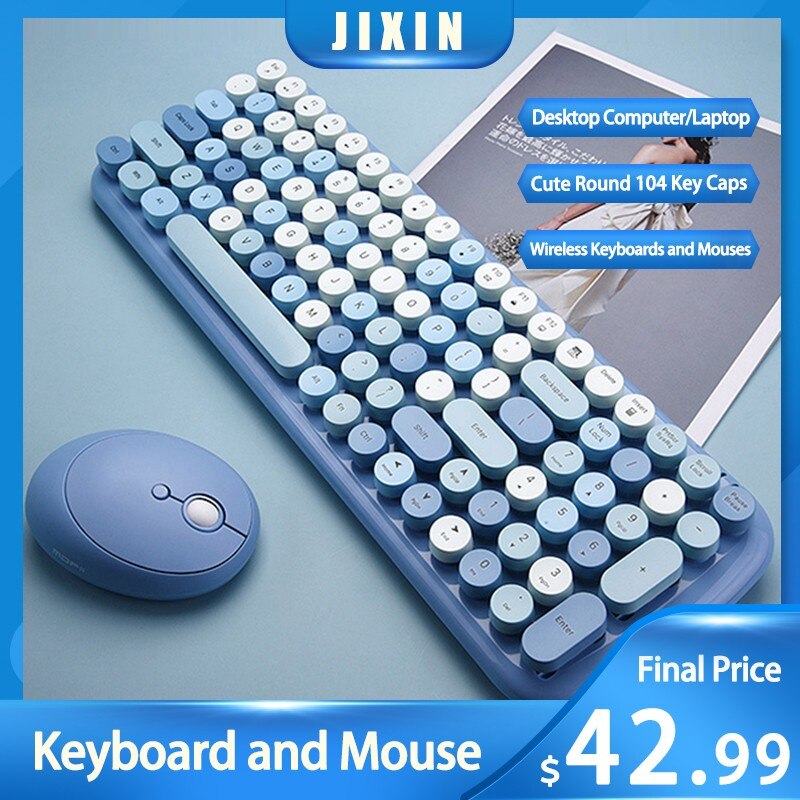 MOfii Wireless Keyboard Mouse set 2.4G Round Cute Candy Colors Blue Keyboard and Optical Mouse Set For Computer Home Office Use
