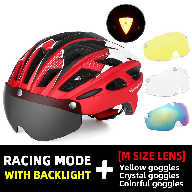 Victgoal adultos capacete da bicicleta capacete com destacável magnético óculos de proteção &amp; segurança led luz traseira ciclismo capacetes das mulheres dos homens: RedHelm 3Goggles