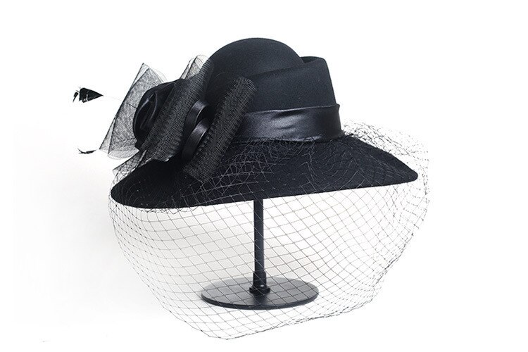 Femmes Floppy Chapeau Laine Floral Voile Filet Plume Large Bord Derby Chapeau Feutrés Occasion Formelle Dance Party Summer Beach Chapeau: black