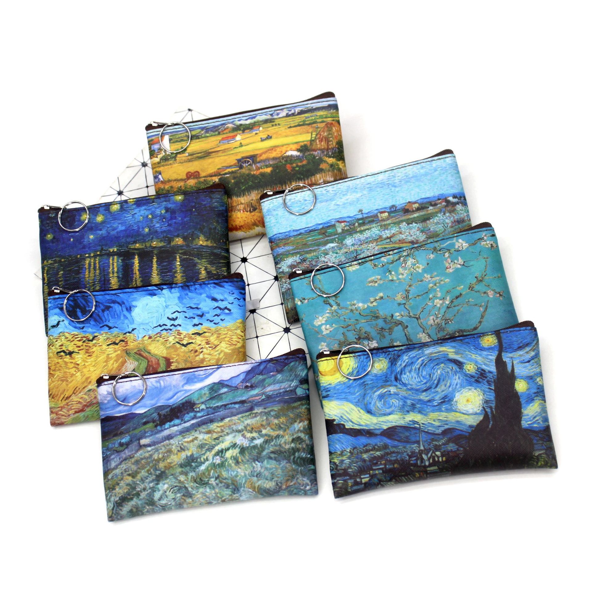 Vintage Olieverfschilderij Canvas Cosmetische Tas Van Gogh Art Zonnebloem Ster Maan Nacht Make-Up Tas Reismunt Portemonnee Portemonnee
