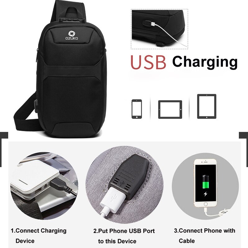 OZUKO, gran capacidad, paquete de pecho para hombre, bolsa cruzada de pecho resistente al agua, bolso de hombro masculino con paneles, bolsas de carga USB para hombres, Tasjes