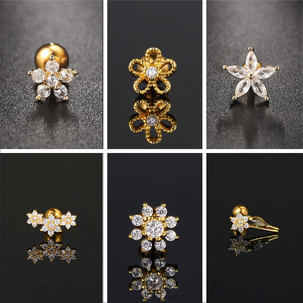 Sexy Flower Zircon Ear Piercing Stud Earring Helix Tragus Piercing for Girl Women Stainless Steel Snug Lobe Cartilage Jewelry