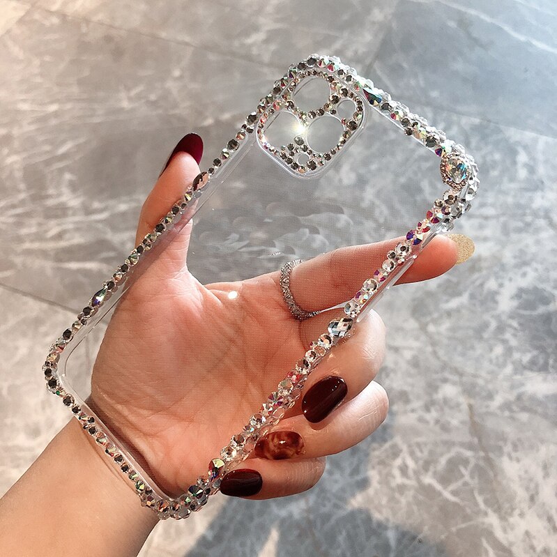 Funda de teléfono de lujo con gema de diamante de imitación para Apple iPhone, 11, 12, MiNi, 12Pro, MAX, X, XR, XS, 8, cámara de purpurina