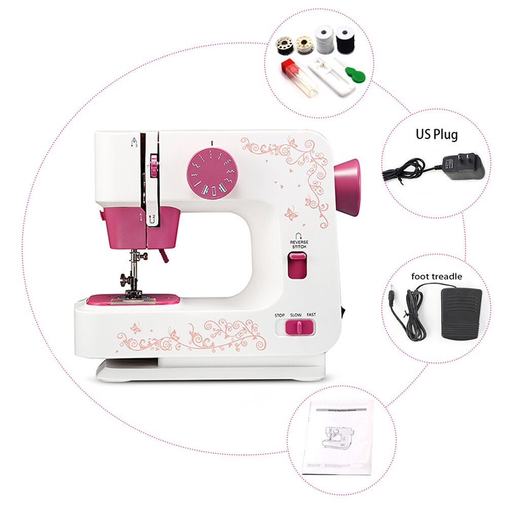 Home Electric Desktop Sewing Machine Household Overlock DIY clothes 2 speed 12 stitches portable Battery/DC adapter Hicello: US PLUG