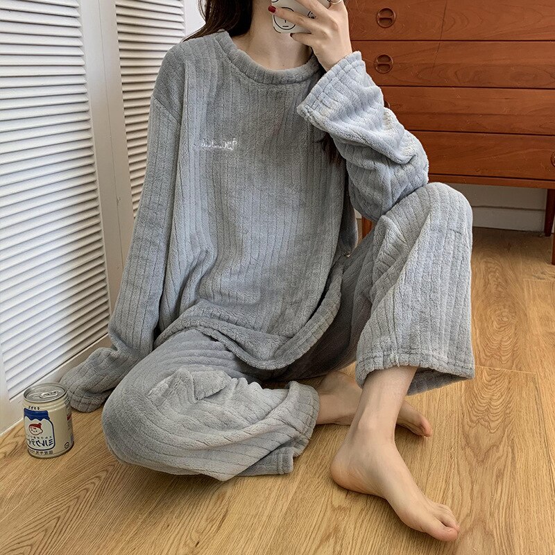 Winter Pyjamas Set Women's Flannel Pajamas Autumn and Warm Coral Bath Velvet Suit Badjas Female Sleepwear Robes Clothes: gray