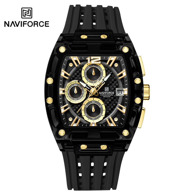 Naviforce 5 atm impermeabil ceasuri bărbătești originale sport cuarț multifuncțional curea silicon carcasă pătrată ceas de mână: Maro
