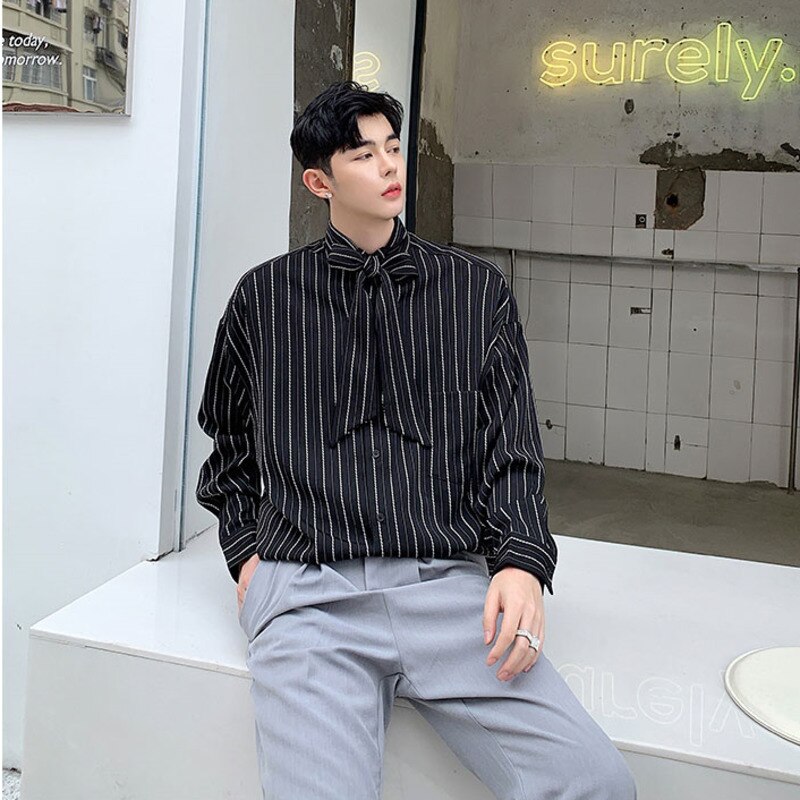 / herenkleding strik kraag gestreept overhemd lente zomer losse lange mouwen grote maten koreaanse tops casual tide 9 y 1721