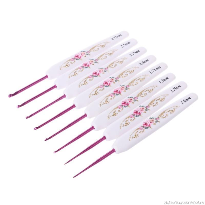 8pcs Plastic Handle Floral Aluminium Crochet Hooks Knitting Needle Set Weaving D16 20: S