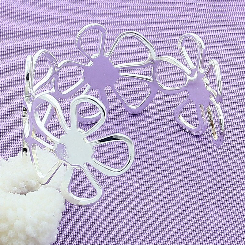 Pulsera de plata de ley 925 con flor de cinco hojas, brazalete abierto, joyería de