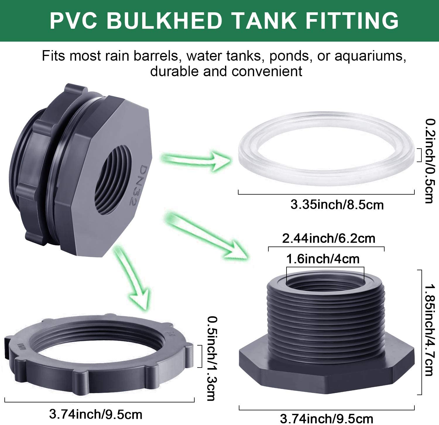 Outus PVC Bulkhead Fitting for Rain Barrels, Aquariums, Ponds or Water Tanks (1.25 Inches)