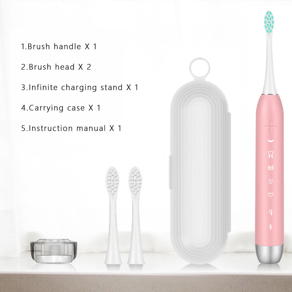 SmartSonic Waterproof Sonic Electric Toothbrush USB Rechargeable Tooth Brush Ultrasonic Toothbrush with 2 Brush Heads