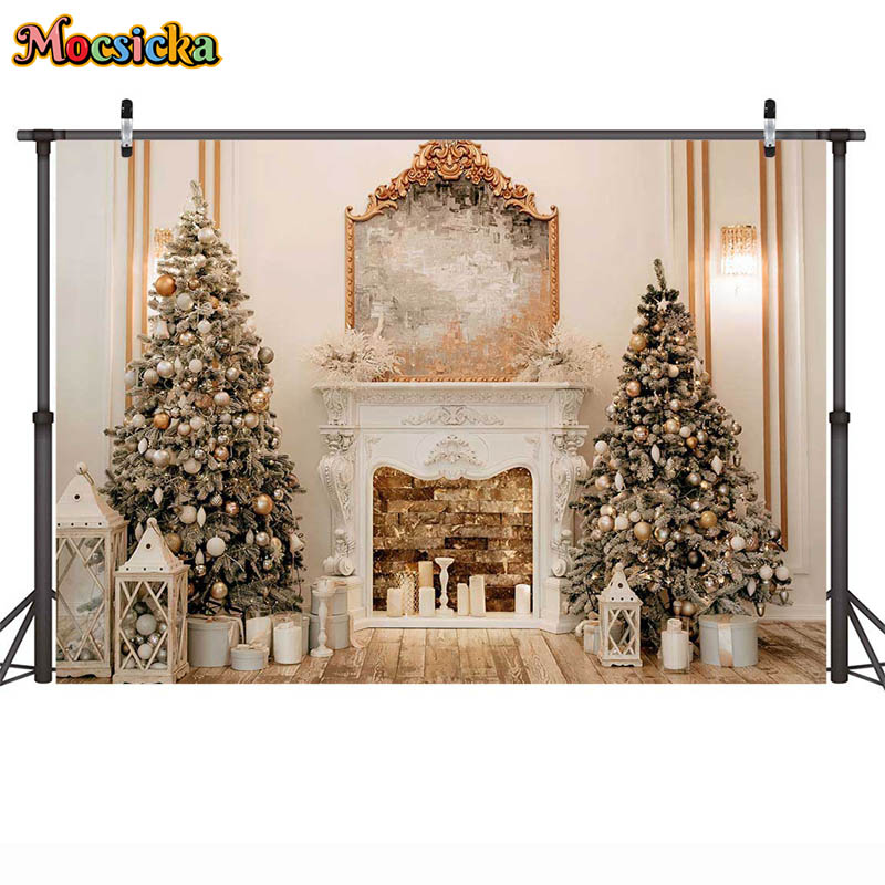 Winter Christmas Fireplace Background Christmas Tree Home Party Studio Xmas Photography Banner Supplies Photocall: 272*1000