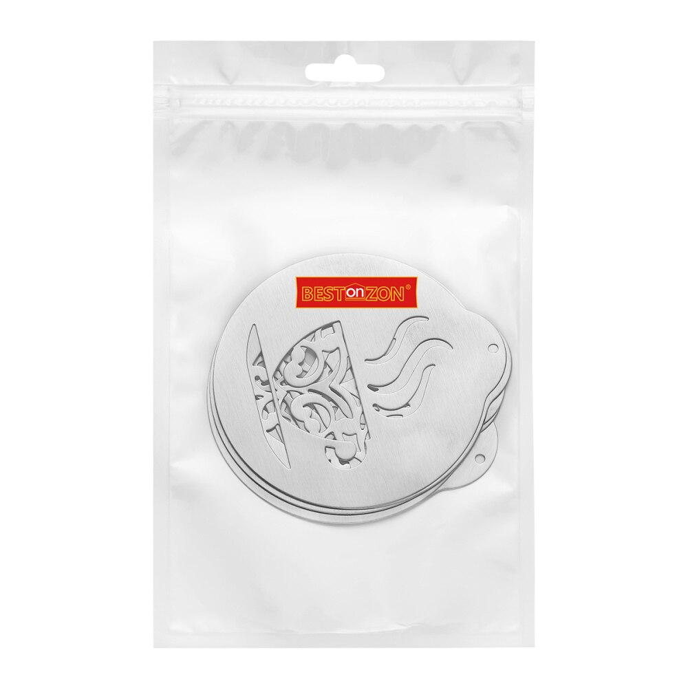 Bestonzon 5 stuks roestvrijstalen koffiesjablonen, barista-cappuccino-sjablonen, koffiekransvorm, taartdecoratiegereedschap