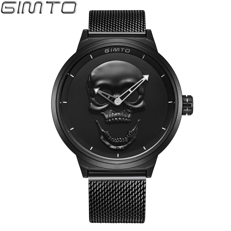 GIMTO-relojes casuales de acero inoxidable para hombre, reloj de pulsera masculino de cuarzo, con de calavera dorada, color negro: Black