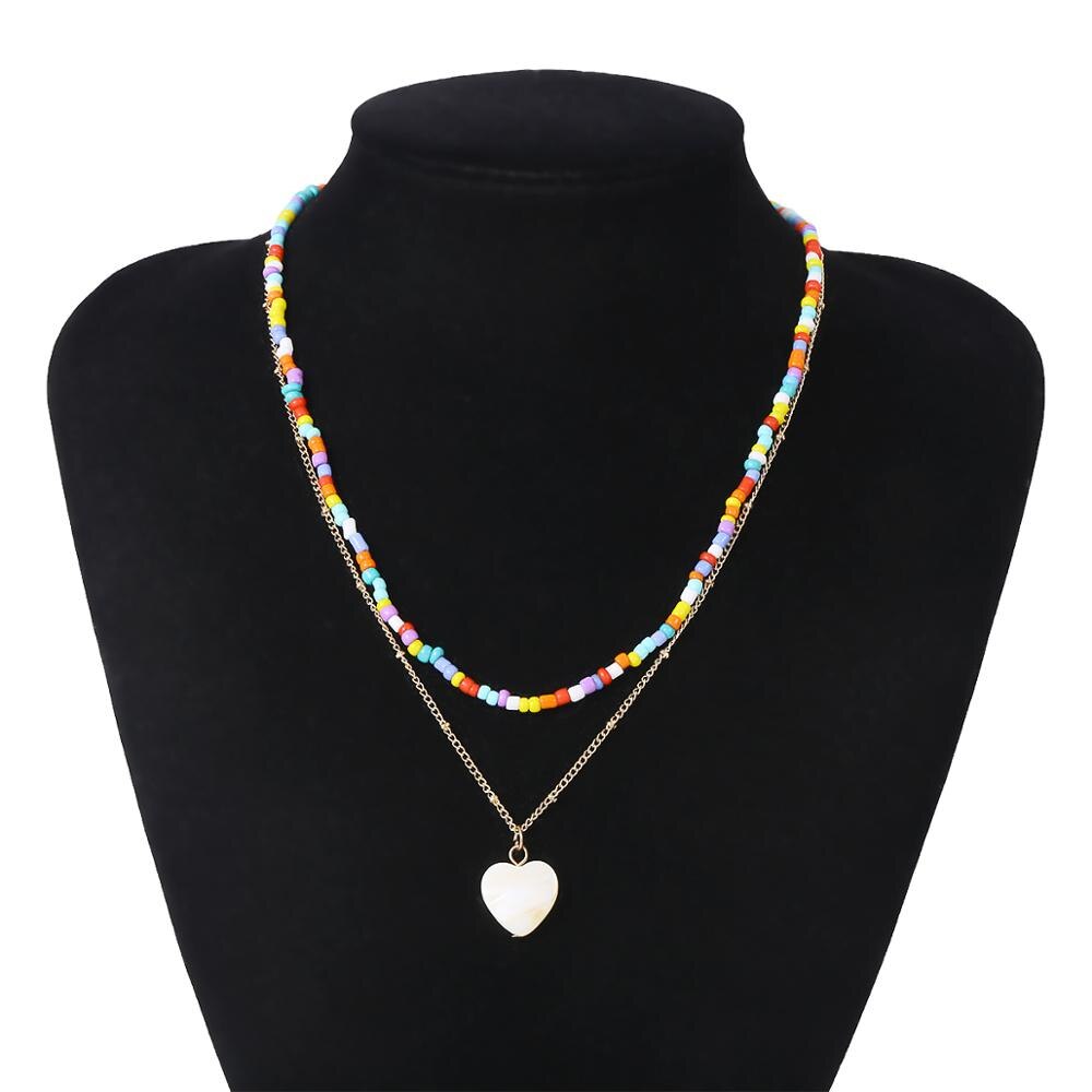 Boho Regenbogen Samen Korn Kette Halskette Sommer Strand Punk mehrschichtig Harz Weiß Farbe Liebe Herz Anhänger Halsband für Frauen Schmuck: Ursprünglich Titel