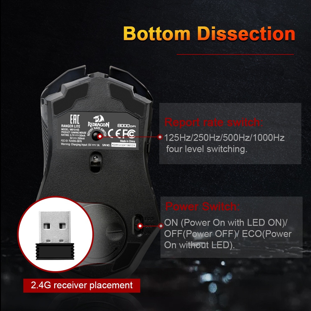 REDRAGON RANGER LITE M910-KS RGB USB 2.4G Draadloze Gaming Muis 8000 DPI 10 knoppen Programmeerbaar voor Computer gamer Muizen laptop