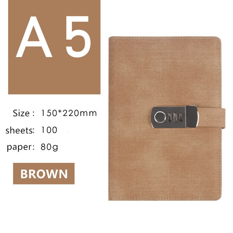 Password Notebook Students Leather Password Travel Retro Loose-leaf Notebook Password A5 Notebook: Brown