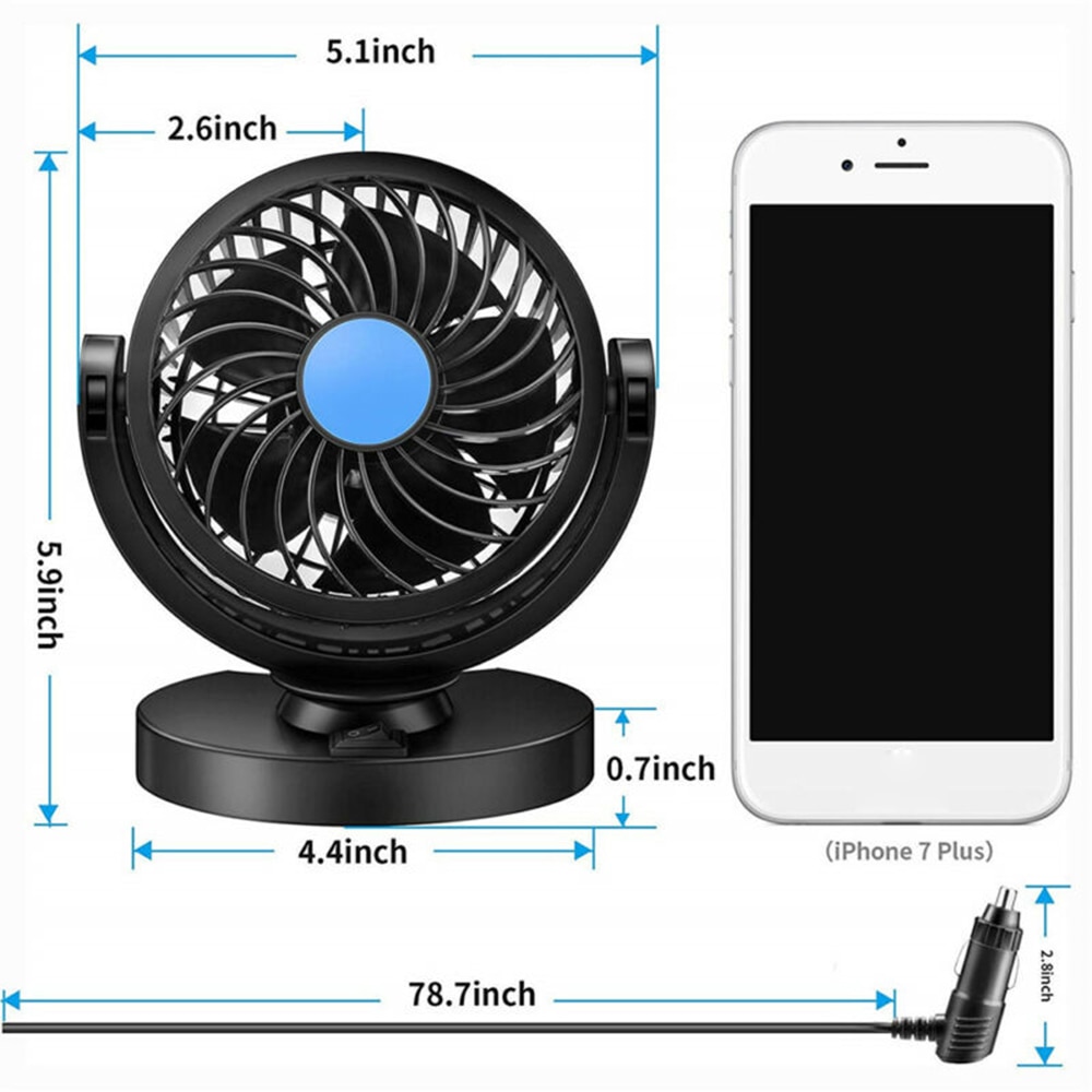 Air Circulator Car 360 Rotation Fan Black Strong Sticky Base Low Noise