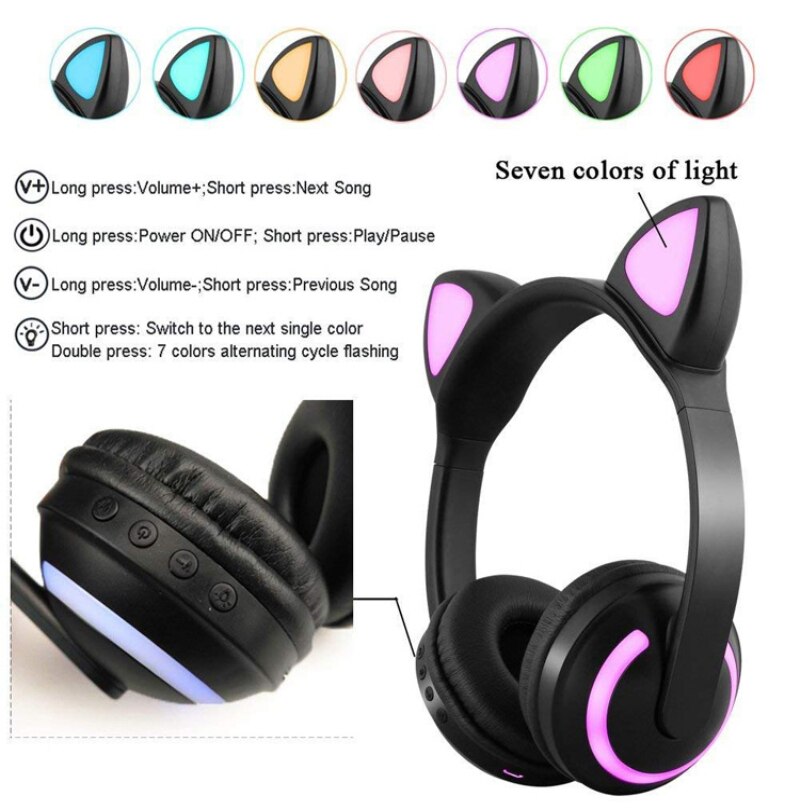 Cute Bluetooth Stereo Cat Ear Headphones Flashing Glowing cat ear headphones Gaming Headset Earphone 7 Colors LED light