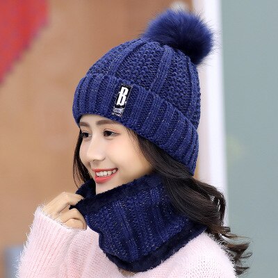 Dikke voering plus fluwelen winter dames pompon gebreide muts ring sjaal sets dames merk mutsen mutsen warme dames ring sjaal: Blauw -1