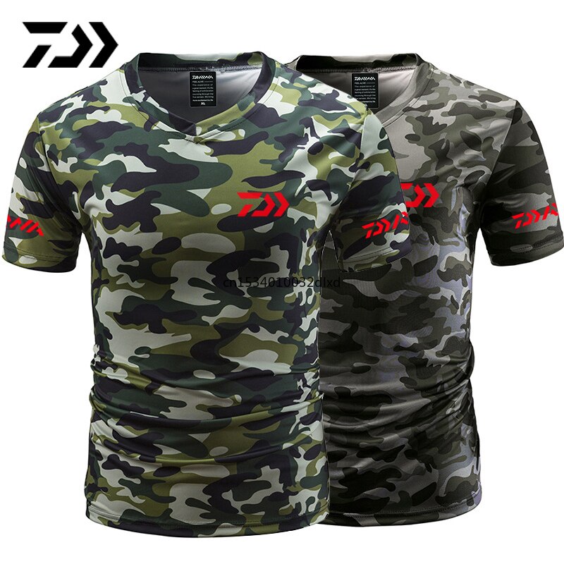 Vissers-t-shirt zomer anti-zweet v-hals camouflage groen vissers-t-shirt sportkleding ademend snel drogende visserskleding