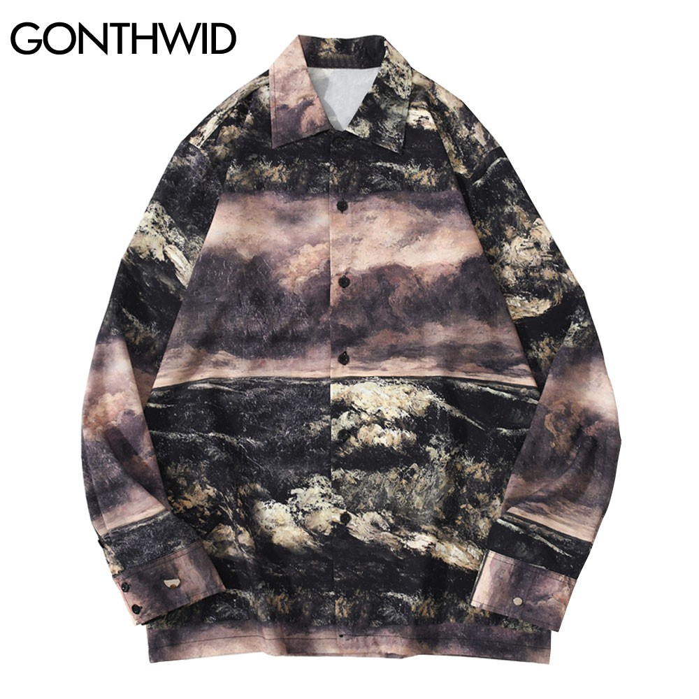 Gonthwid Zee Wolken Schilderen Print Hawaiian Shirts Streetwear Heren Hip Hop Casual Blouse Lange Mouwen Button Shirt Harajuku Tops