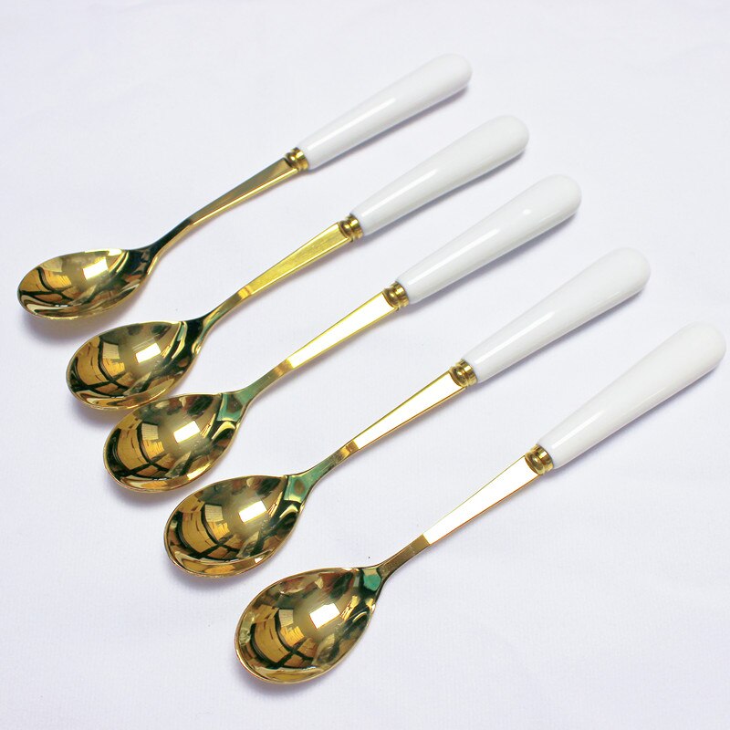 Golden Tableware Marbled Ceramic Cutlery Set Storage Tank Gold Spoon and Fork Set Mirror Coffee Fork Dinner Set: 5pcs White spoon