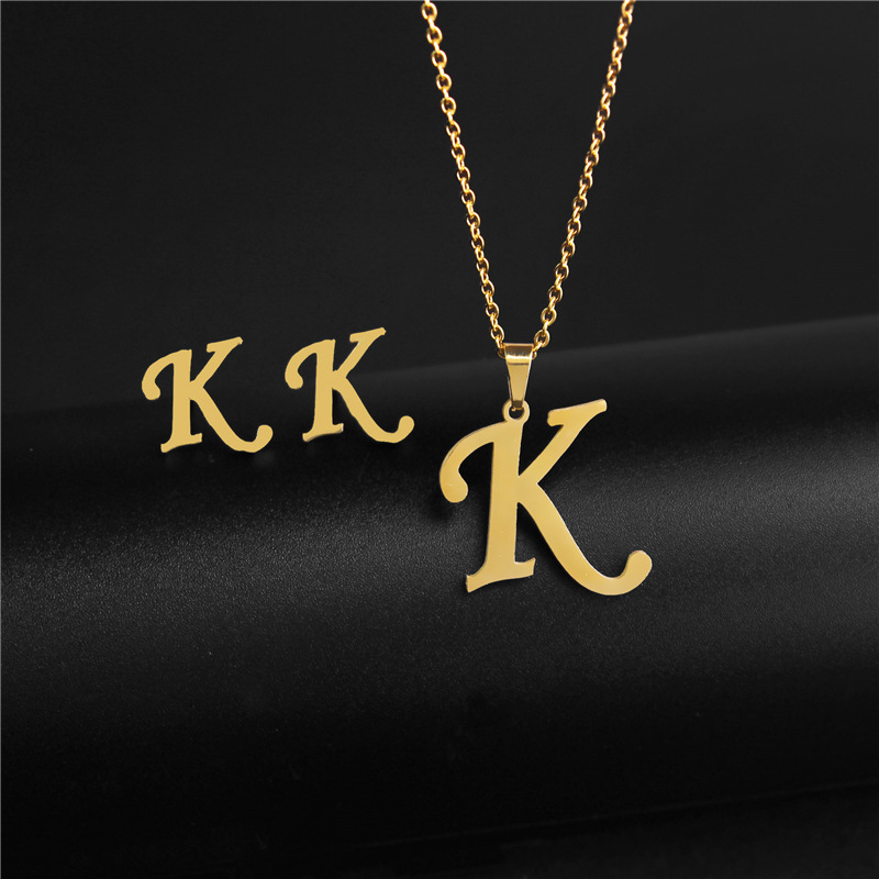 A-Z 26 charm Initial Necklace And Stud Earrings Jewelry Sets Alphabet Pendant Chain Letter mom: SILVER PLATED