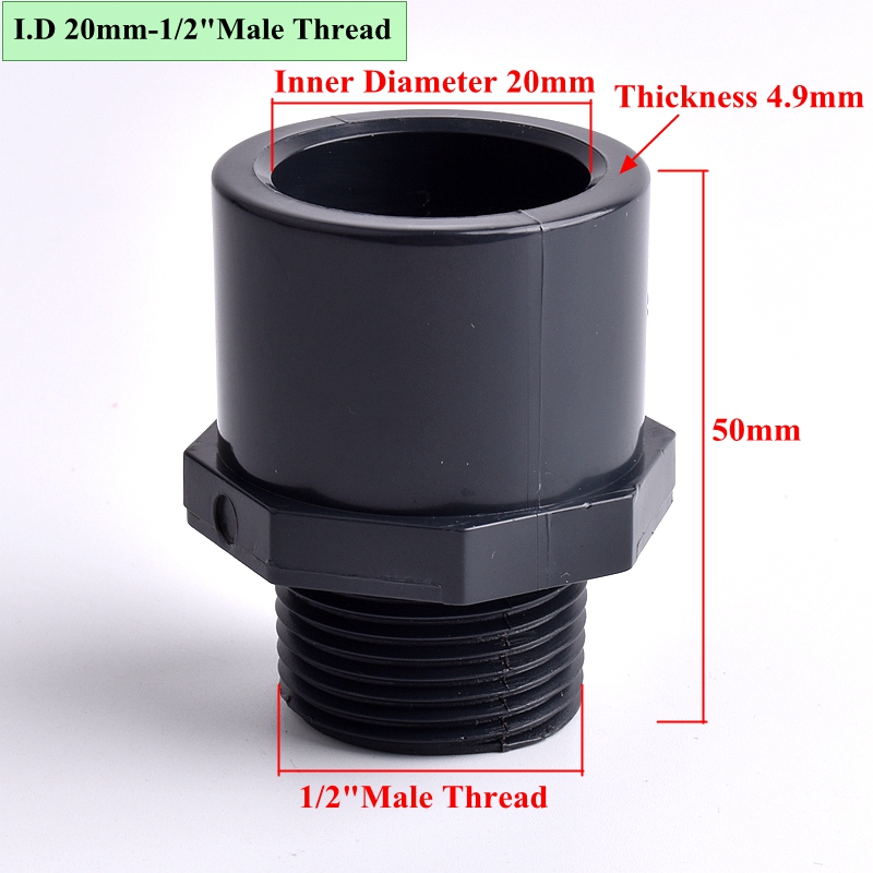 1/2"~2" Male Thread UPVC Pipe Dark Grey Straight Connector Aquarium Water Tank Pipe Quick Equal Joint Garden Irrigation Fittings: 2pcs / 1I2 inch to 20mm