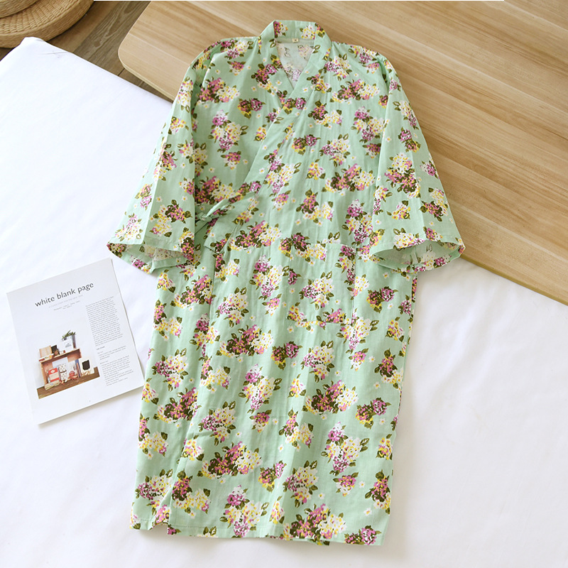 Vår och sommar flerfärgade tryckta kimono-rockar kvinnors tunna snörningskofta badrock bomull hemkläder kvinnor pyjamas: M / Svart