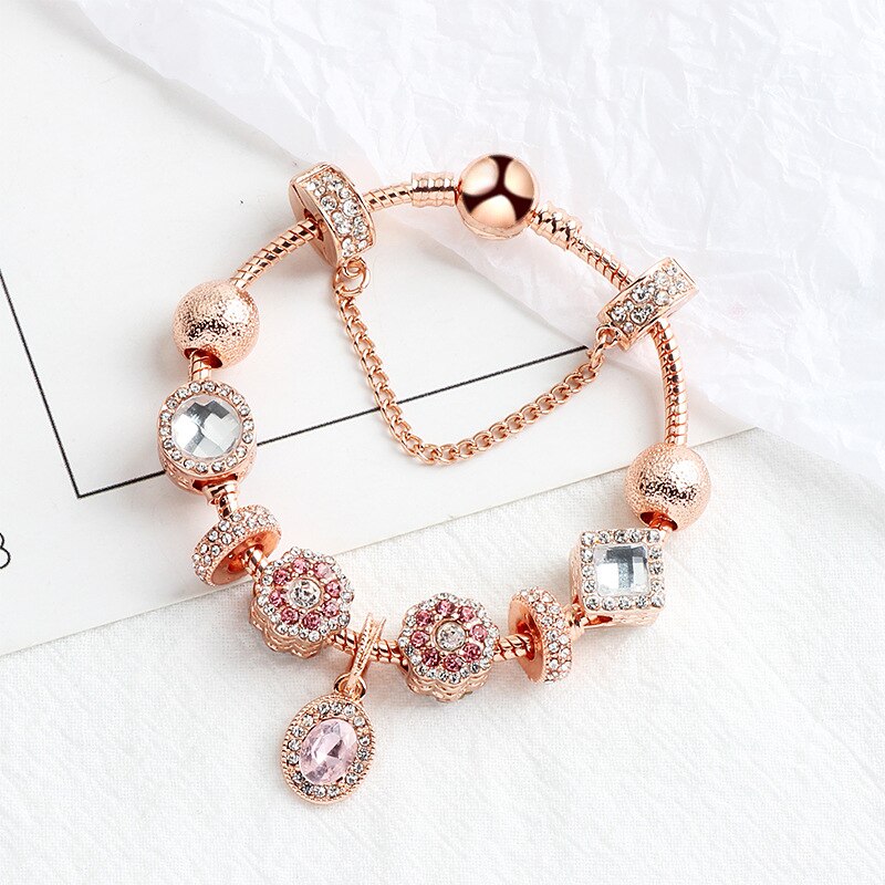 Rose Gold and gold charm bracelet round basic Lobster clasp snake chain with trinket charms bead jewelry making for women