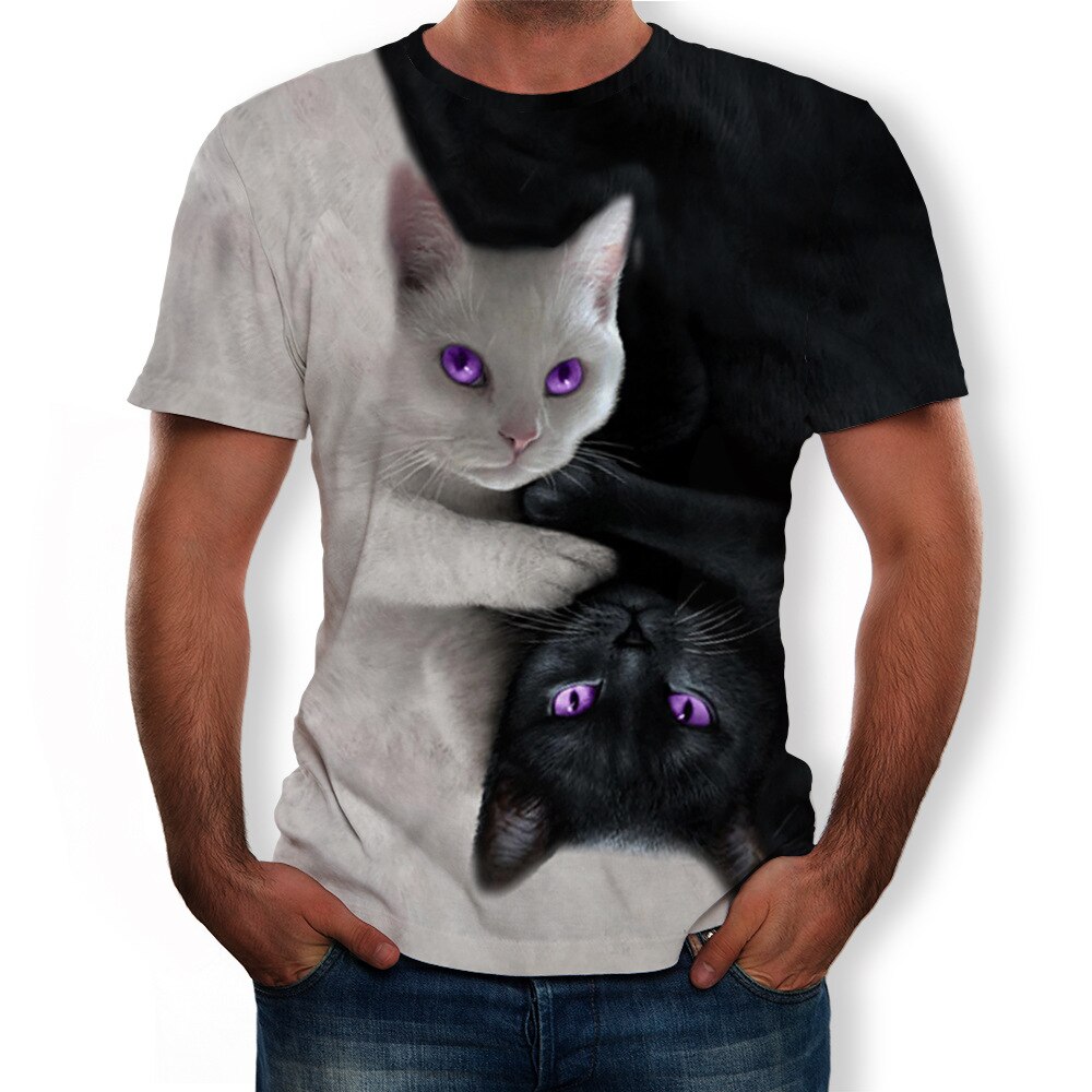 Casual 3D couple black and white cat top digital printing round neck short sleeve t-shirt: S