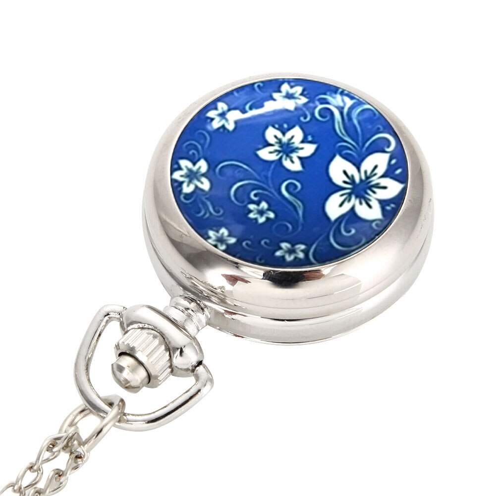 Vintage dames zakhorloge met legering, blauwe bloemenpatroon, damestrui, ketting, hanger, klok, tt@ 8