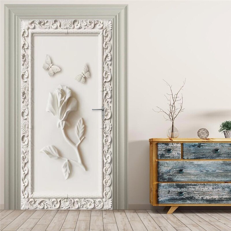 3D Door Sticker European Style Stereo Rose Butterfly Wallpaper Living Room Bedroom DIY Wall Decor PVC Self-Adhesive 3 D