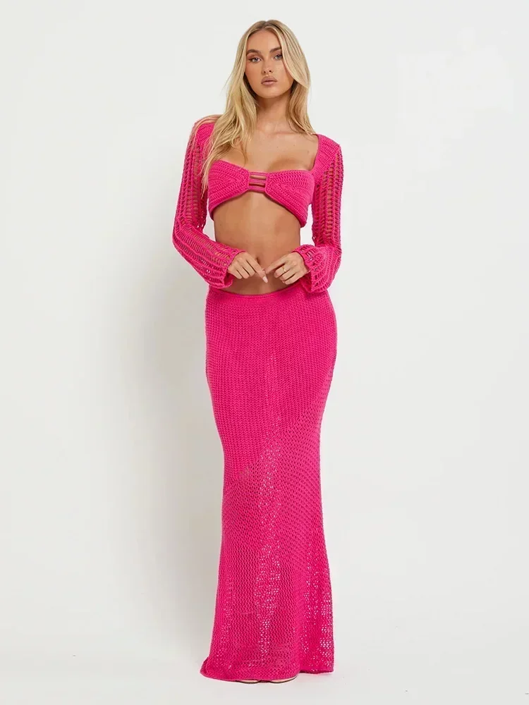 Weiß häkeln 2 Stück aus geschnitten Langarm rücken frei binden Top langen Rock Set Club Strick Strand kleid Outfit Bikini Vertuschungen a1882: L / Rose Red