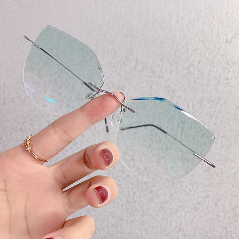 Gradient Gradient Color Lenses Women Cat Eye Prescription Glasses Frame with Diamonds Myopia Glasses Spectacles: Silver Green